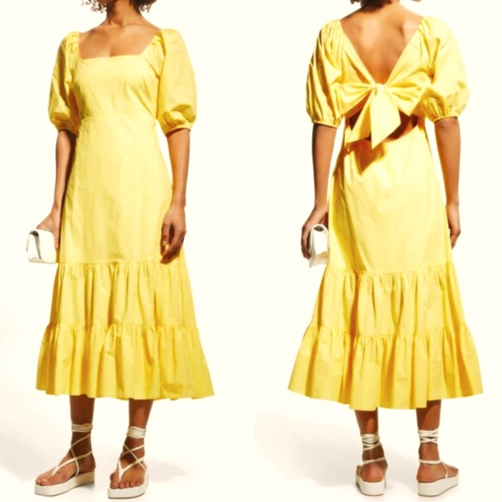 NWT Tanya Taylor Cynthia Puff-Sleeve Open Back-Tie Midi Dress Lemon Zest 0